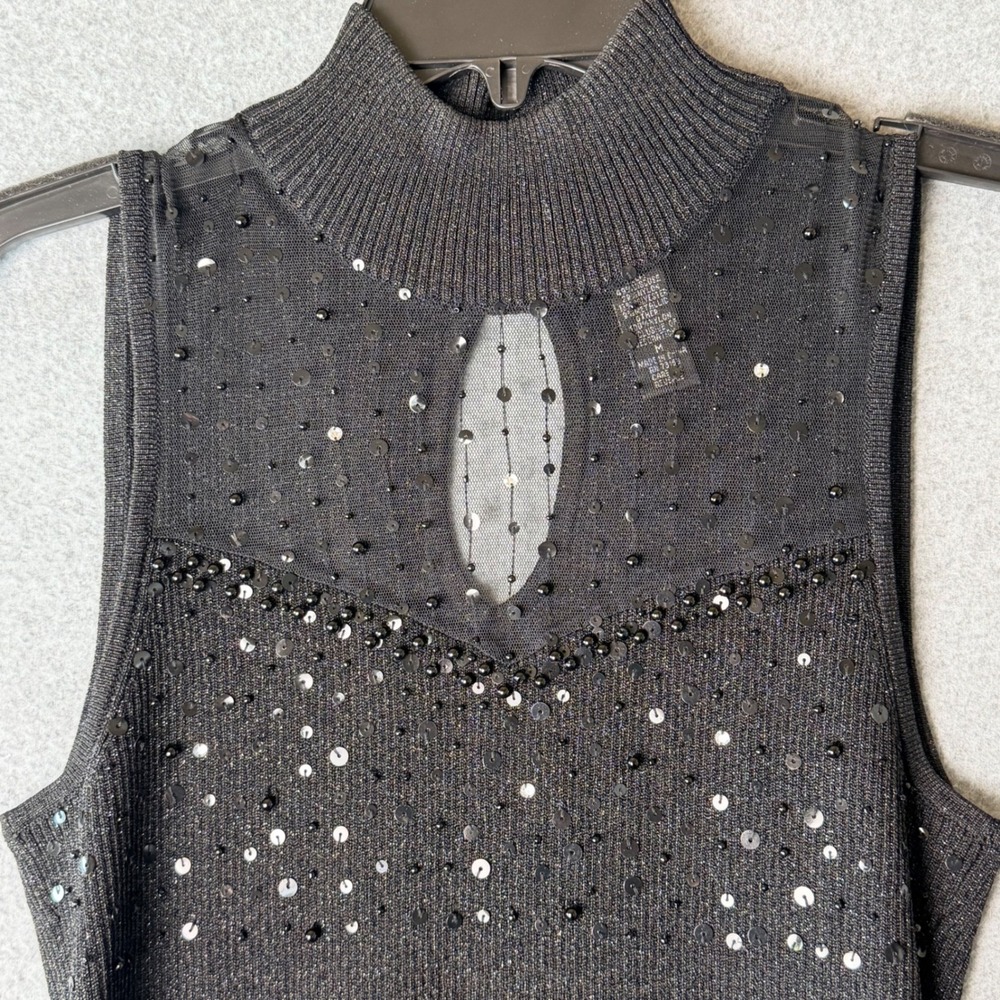 Cable & Gauge Womens Black Metallic Knit Mock Neck Sequin Mesh Top Medium - Picture 2 of 6